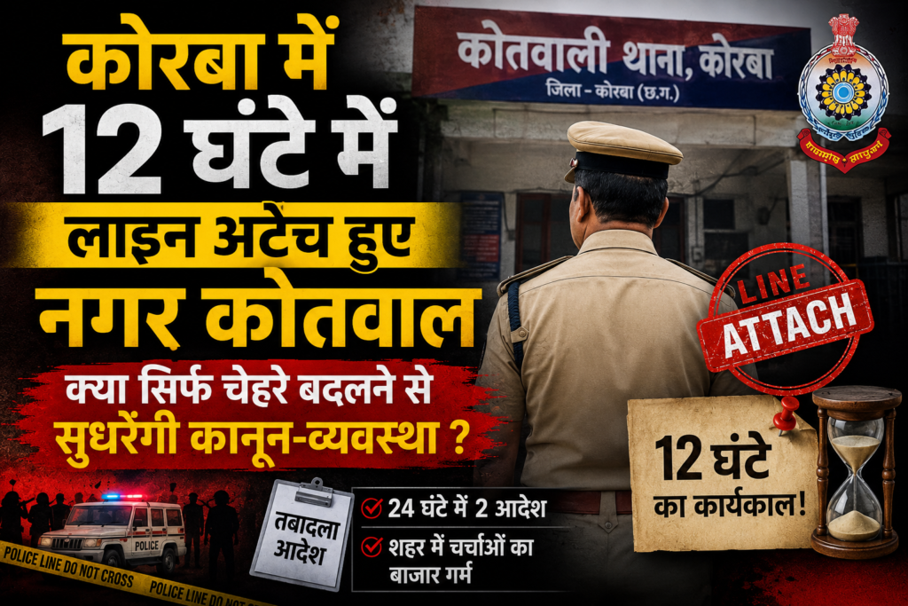 CG: कोरबा में 12 घंटे में लाइन अटैच हो गये नगर कोतवाल ! क्या सिर्फ चेहरे बदलने से सुधरेगी कानून-व्यवस्था या बदलनी होगी रणनीति ?